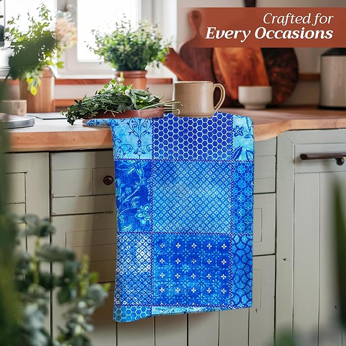 Maison d' Hermine Kitchen Towels Set of 3 100% Cotton 27.50" x 20" Reusable Cloth Tea Dish Towels Absorbent with Hanging Loop for Kitchen, Home, Dining, Cocktail Parties Spring/Summer (Indigo Love)