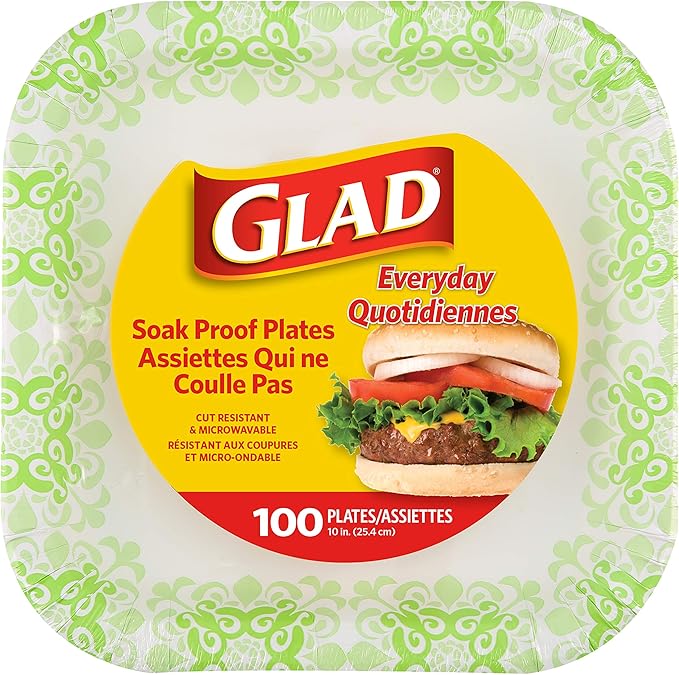 Glad Square Disposable Paper Plates, Green Victorian Pattern - Strong, Sturdy, Soak Proof, and Microwavable Decorative Plates for Dinner and Everyday Use, 10 Inch, 100 Count