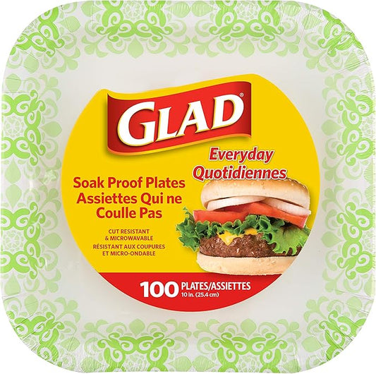 Glad Square Disposable Paper Plates, Green Victorian Pattern - Strong, Sturdy, Soak Proof, and Microwavable Decorative Plates for Dinner and Everyday Use, 10 Inch, 100 Count
