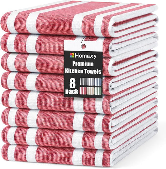 Homaxy Premium Kitchen Towels 18”x 28”, Large Cotton 380 GSM Kitchen Hand Towels, Stripe and Terry Dish Towel, Highly Absorbent Tea Towel Set with Hanging Loop, 8 Pack, Red