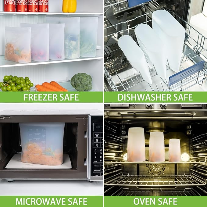 Reusable Storage Bags, Set of 2 Large Sizes, 8 Pack 100% Silicone Food Storage Bags Stand Up Zip Lock Bag for Food, Freezer Microwave Oven Dishwasher Safe, 4 XL-4/5 Gallon, 4 L-1/2 Gallon, Translucent