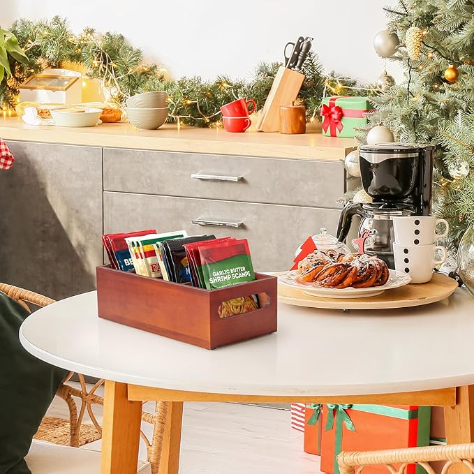 DRASTAR Seasoning Packet Organizer, Wood Kitchen Pantry Organizers and Storage Bin, Sauce Packet Organizer, Snack & Spice Organization for Cabinet, Brown