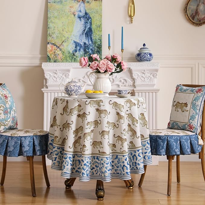 patdrea Leopard Animal Linen Table Cloth Soft Breathable Tabletop Cover Dacorative Kitchen Dining Tablecloth for Round Tables for Kitchen Dining Parties,Holiday Christmas,Diameter 55"