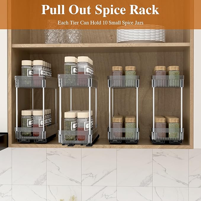 3 Pack Pull Out Spice Rack Organizer for Cabinet, 2 Tier Slide Out Spice Racks Organizer, Spice Cabinet Organizers, Cabinet Size Need:12'' High x 11'' Deep x 5'' Wide, Clear Acrylic