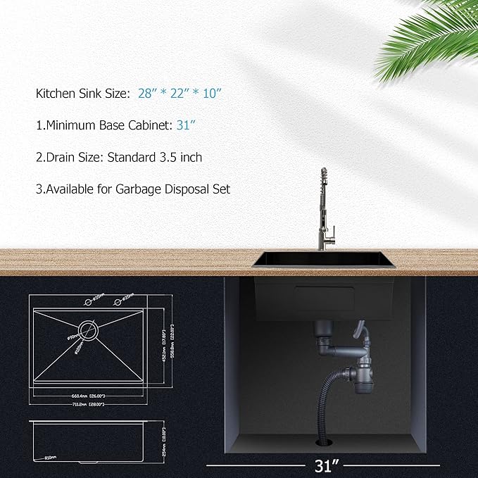 Lordear 28 Inch Drop in Kitchen Sink Gunmetal Black Drop in Single Bowl 16 Gauge Stainless Steel Ledge Workstation Topmount Overcounter Handmade Sink Basin, 28"x22"x10"