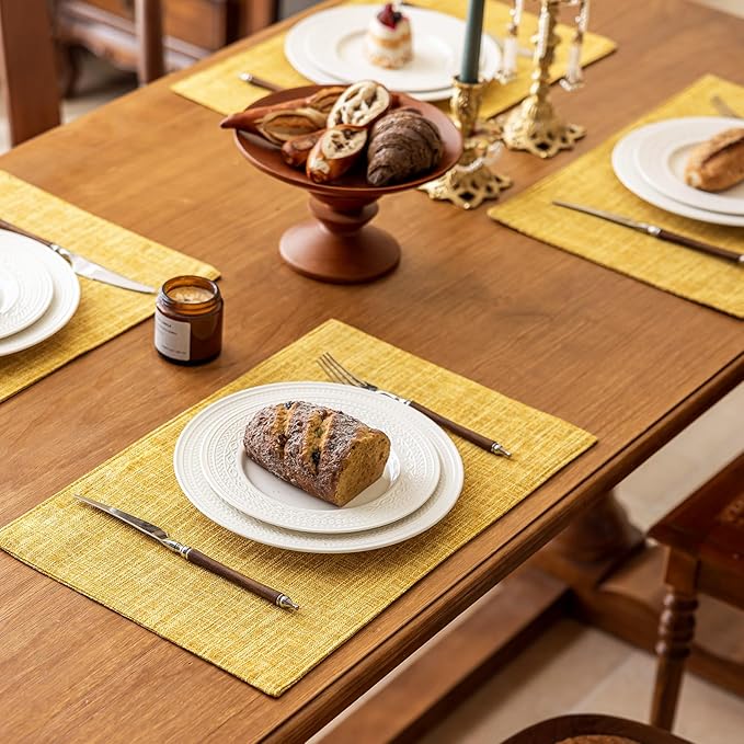 KXN Placemats Set of 8, Dual-Layer Thickened Faux Linen Table Mats, Heat Resistant & Wrinkle-Free, Machine Washable Cloth Place Mats for Kitchen Dining Indoor Outdoor (Yellow)