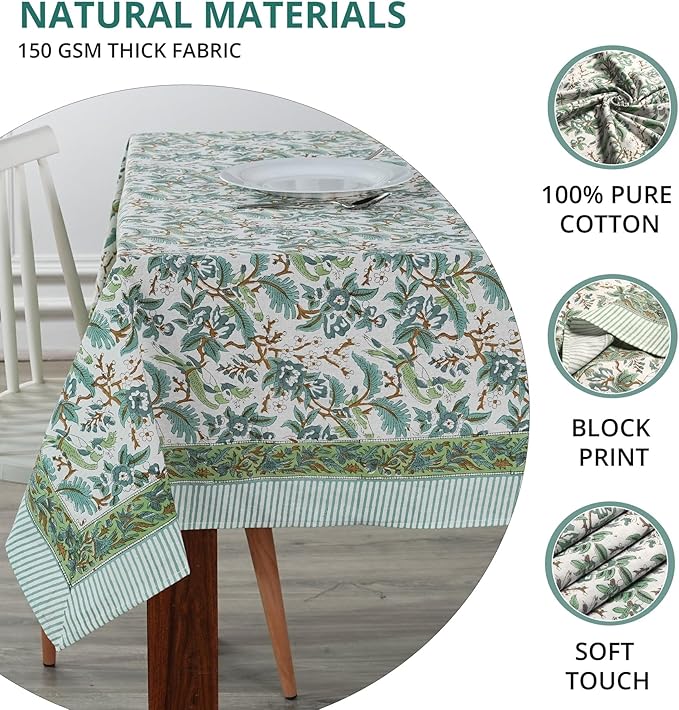 Ridhi Sage and Russian Green Hand Block Print Cotton Rectangle Tablecloth 108 x 70 inch-Reusable Table Cover Decorative Everyday Use for Dining Room, Farmhouse, Thanksgiving, Christmas Wedding, Fall