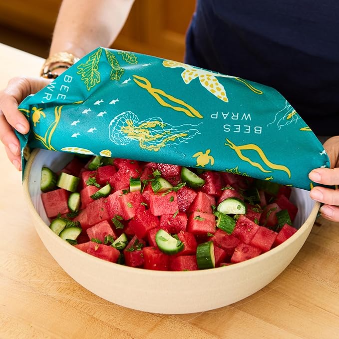 Bee's Wrap Beeswax Wraps for Food - Made in USA Reusable & Organic Food Wraps, Sandwich Wrap & Bowl Covers - Eco-Friendly Alternative to Aluminum Foil & Plastic Wrap, Ocean 3 Pack (S, M, L)