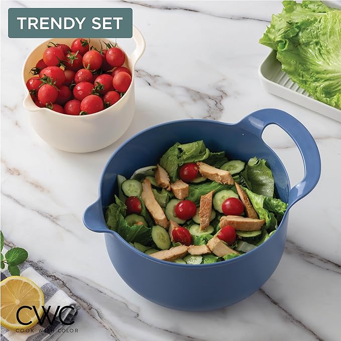 COOK WITH COLOR Nesting Plastic Mixing Bowl Set with Pour Spouts and Handles, Blue, 6 Piece Non-Slip