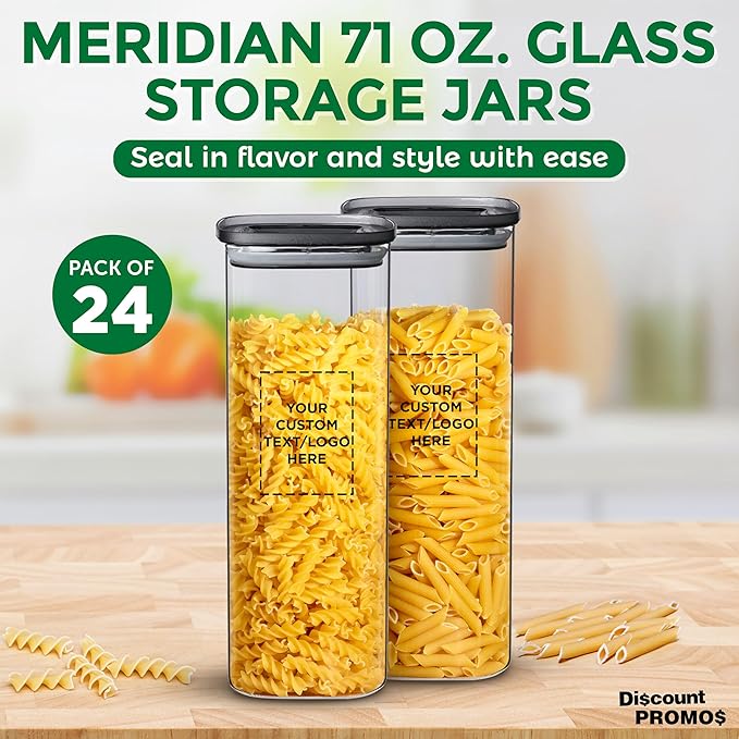 DISCOUNT PROMOS Custom Meridian 71 oz. Glass Storage Jars Set of 24, Personalized Bulk Pack - Durable Kitchen Organization, Home Decor Essentials, Food Storage Solutions - Clear