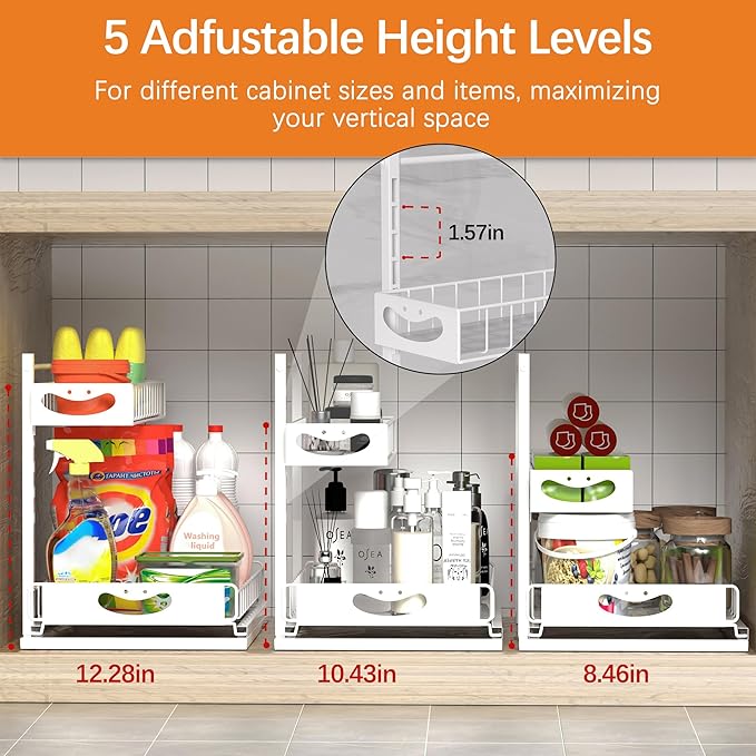 Under Sink Organizer with Pull-Out Drawers,Kitchen Sink Organizer,2 Tier Bathroom Organizers And Storage,Bathroom Accessories Set,White 1 Pack