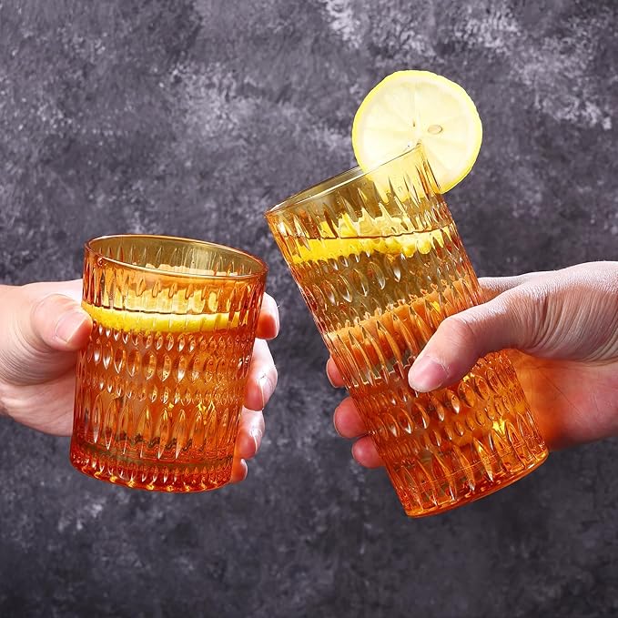 Glassware Drinking Glasses Set of 8, 14 oz Highball Glasses & 10 oz Ribbed Glass Cups, Vintage Glassware for Water, Juice, Cocktail (Thanksgiving Amber)