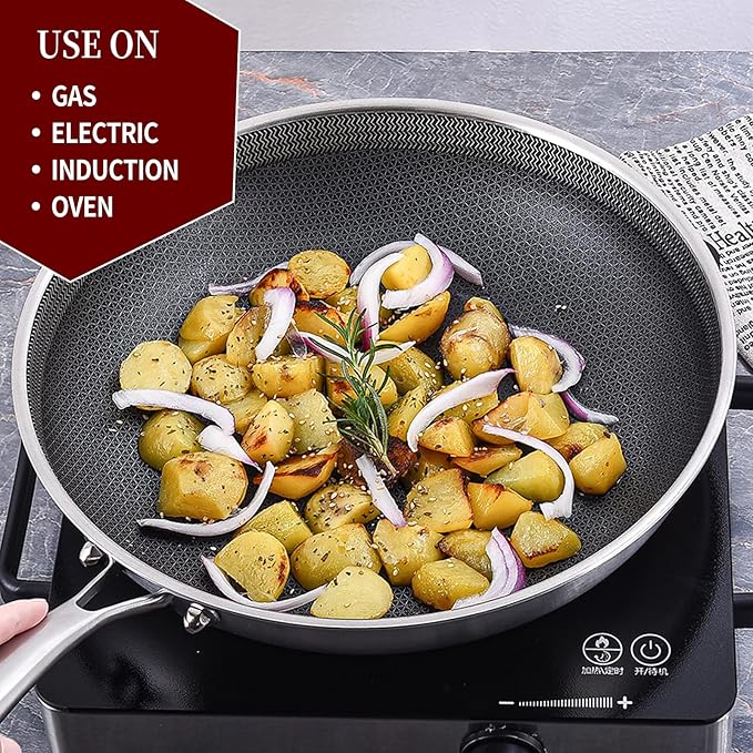 LOLYKITCH 8-10-12 Inch Hybrid Tri-Ply Stainless Steel Non-Stick Frying Pan Set of 3,Skillets,Induction Cooking Pans,Pots and Pans Set,Dishwasher and Oven Safe,Detachable Handle.