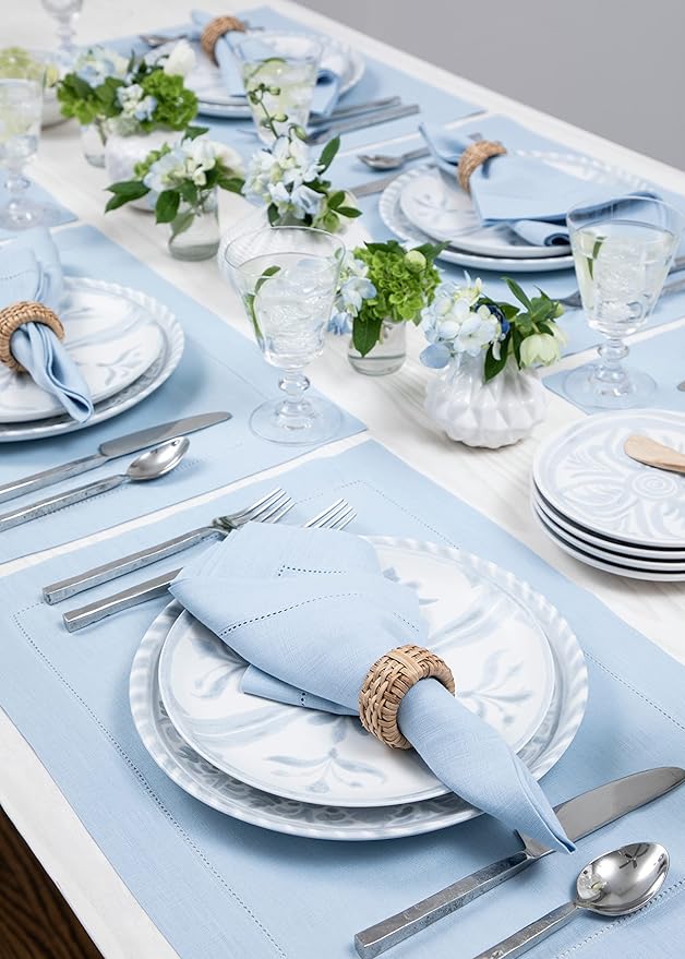 Solino Home Linen Placemats Set of 4 - Classic Hemstitch Sky Blue Placemats 14 x 19 Inch - 100% Pure Linen Table Mats for Christmas, Holiday