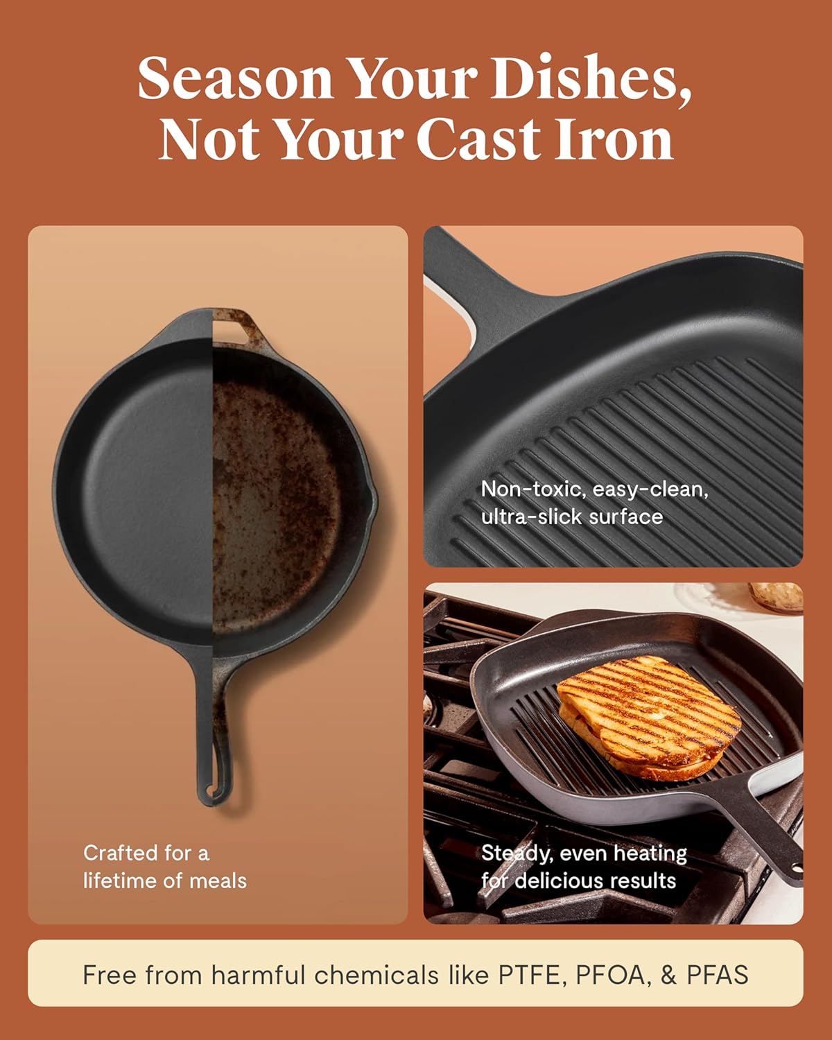 Caraway Enameled Cast Iron Grill Pan - 10.5” Grill Pan for Stovetop Cooking - 3 Layer Enamel Coating - No Seasoning Required - Compatible With All Stovetops - Free From Forever Chemicals - Rust