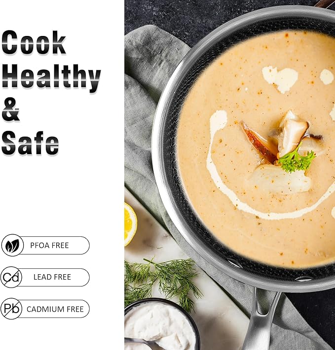 AuFranc™ Hybrid Nonstick 1 Quart Stainless Steel Saucepan with Glass Lid, Induction Sauce Pan with Honeycomb Carving, Non-stick Sauce Pot Compatible with All Cooktops, Dishwasher Safe, Non-Toxic