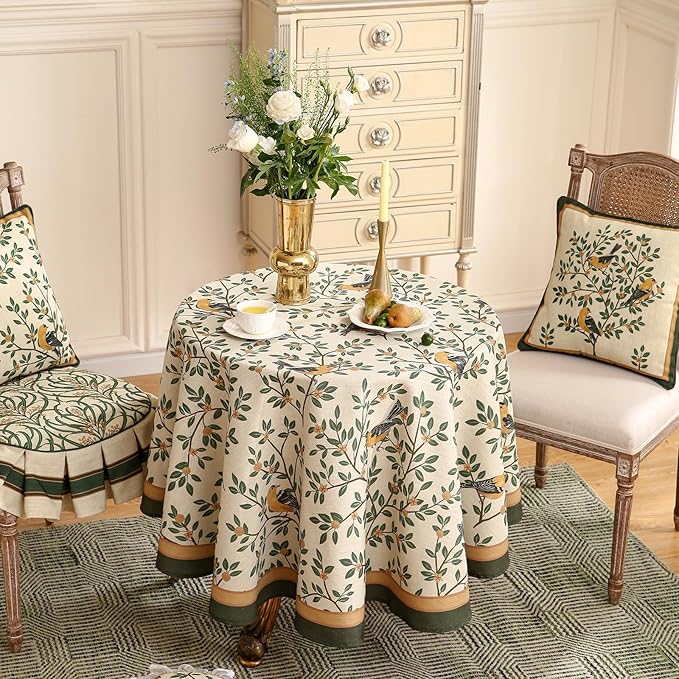 patdrea Designer Floral Linen Table Cloth Durable Breathable Tabletop Cover Dacorative Kitchen Dining Tablecloth for Round Tables for Kitchen Dining Parties,Holiday Christmas,Diameter 67"