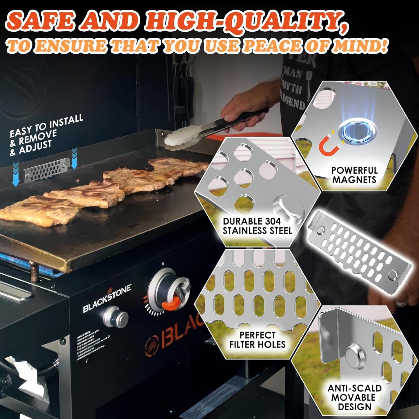 Upgraded Movable Grease Gate for Blackstone Griddle Guard,Block Food from Falling into Rear Grease Trap,Compatible with Blackstone Grill Accessories,Stainless Steel & Magnetic Design,Heat-Resistant