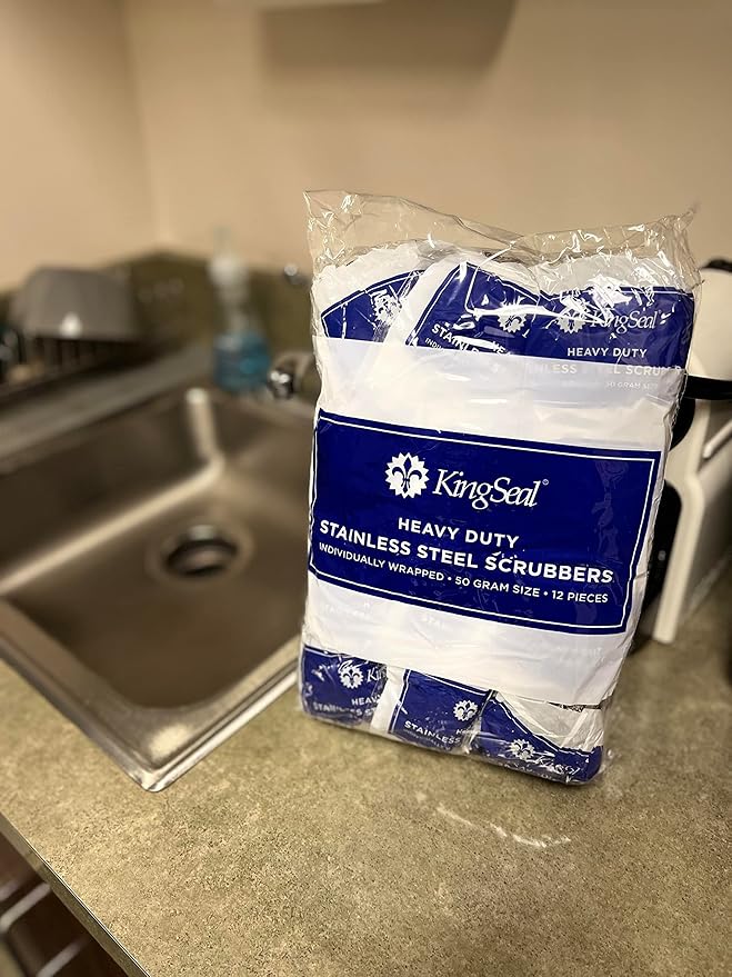 72 Count | KingSeal Stainless Steel Scrubbers, Scrub Pads, Heavy Duty, 50 gram Weight, Individually Wrapped - 6 Packs of 12 Scrubbers