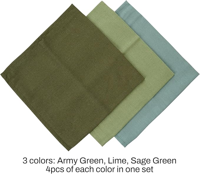 Solid Color Linen Blended Thin Dinner Cloth Napkins - Set of 12 (40 x 40 cm) - for Events & Home Use (Multi Green)