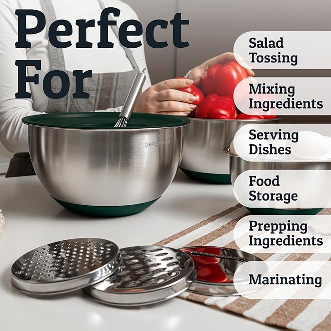 Priority Chef Stainless Steel Mixing Bowls with Lids Set, 3 Grater Attachments, Airtight Lids, Non-Slip Silicone Base Mixing Bowl Set, Large Prep Metal Mixing Bowls for Kitchen, Green