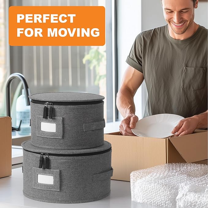 China Storage Containers, 4PCS Hard Shell Dish Storage Containers with Felt Dividers for Charger Plates Dinnerware, Moving Boxes for Dishes, Stackable Plate Storage Cases for 12 Place Setting