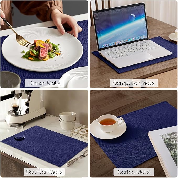 Romanstile Cloth Placemats Set of 6-12 x 18 Inch, Heat Resistant Double Layered Thickened Burlap Place Mats, Washable Faux Linen Farmhouse Table Mats for Kitchen/Dining/Party/Outdoor, Navy Blue