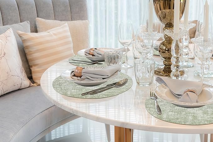 homing Round Faux Leather Placemat and Coaster 6 Packs, Washable Heat Resistant Dining Place Mats, Wipeable Double-Sided Table Mats for Indoor and Outdoor, Diameter 13 and 3.93 inch, Light Green