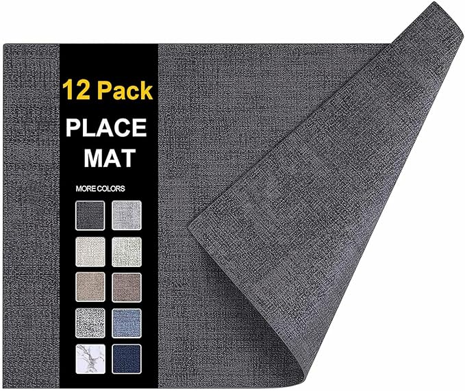 homing Faux Leather Heat Resistant Placemats 12 Packs, Waterproof Wipeable Dining PU Place Mats for Indoor & Outdoor, Easy to Clean, Charcoal
