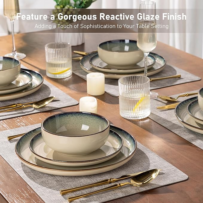 GBHOME Ceramic Dinnerware Sets for 8, 24 Pieces Stoneware Plates and Bowls Sets, Reactive Glaze Dishes -Scratch Resistant, Dishwasher&Microwave Safe, Pale Khaki