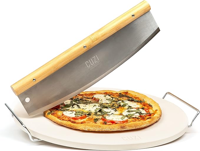 Cuzi Gourmet XL 4-Piece Pizza Stone Set - 15" Thermal Shock Resistant Cordierite Baking Stone, 22" Natural Bamboo Peel & Cutter Rocker - Large Stone for Grill and Oven