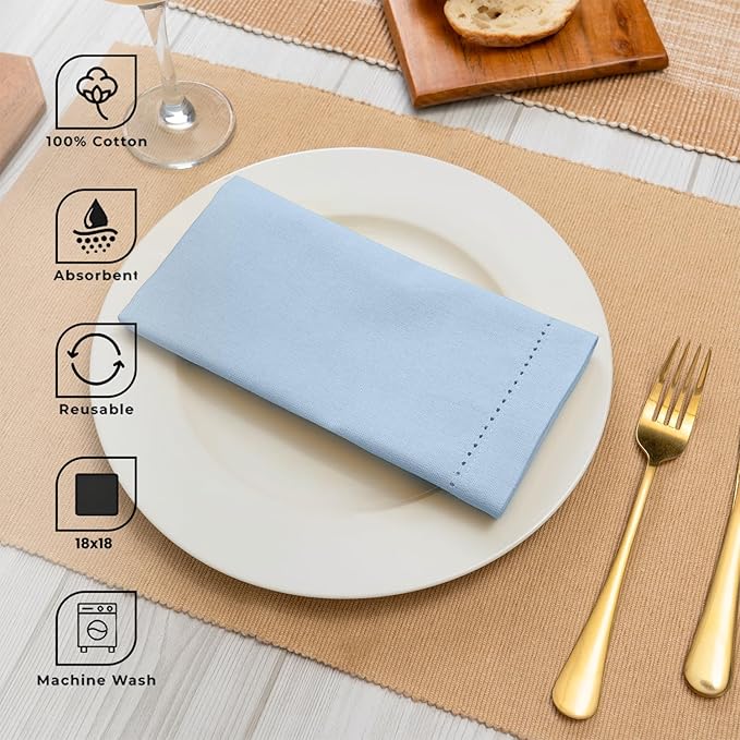 Blue Needles Set of 12 Hemstitch Linen Napkins 100% Cotton Ice Blue Cloth Dinner Napkins 18x18 inches, Soft, Reusable, Absorbent, Washable, Ideal for Fall Thanksgiving Events, Parties & Everyday Use