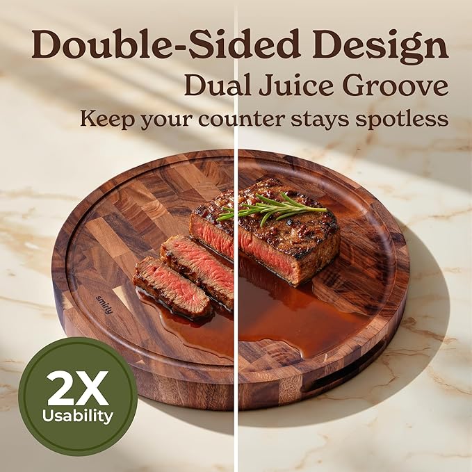 SMIRLY Round Wooden Cutting Boards 1.5” Thick For Kitchen Meal Prep & Serving - Walnut Cutting Board, Charcuterie & Chopping Board, Wood Cutting Board, Kitchen Gadgets
