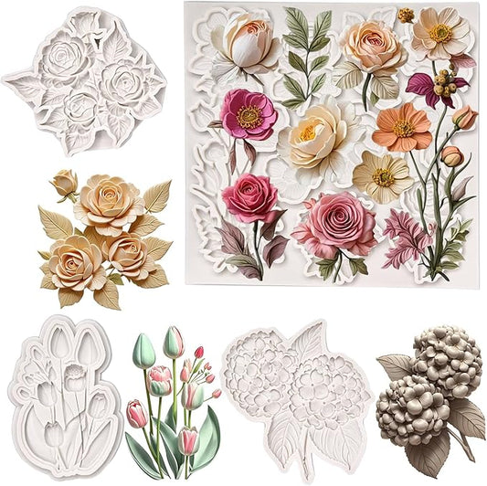 (Four-piece set) Rose and leaves, multiple floral designs, tulips, a string of fruits, DIY silicone molds, cake chocolate molds wedding cake decoration tools, soft candy cake molds