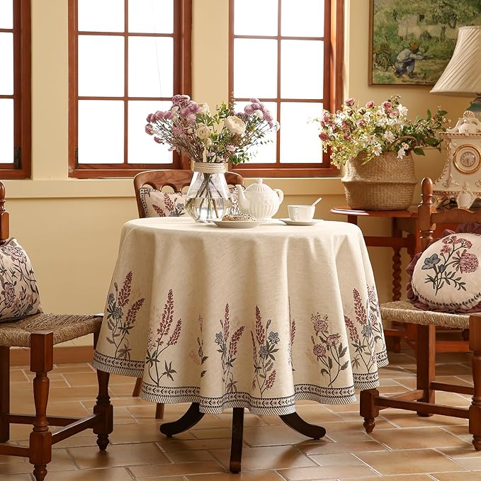 French Tablecloth for Round Tables,Linen Table Cloth with Colorful Flowers Pattern,Heavy Durable Table Cover for Dining Thanksgiving Kitchen Decor Party Christmas,Diameter 67"
