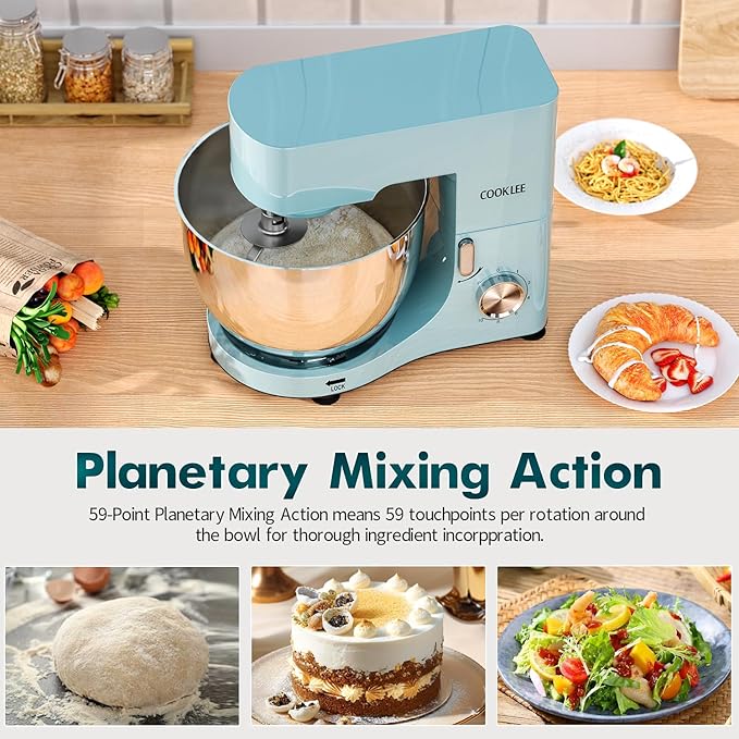 COOKLEE Stand Mixer, 9.5 Qt. 660W 10-Speed Electric Kitchen Mixer with Dishwasher-Safe Dough Hooks, Flat Beaters, Wire Whip & Pouring Shield Attachments for Most Home Cooks, Blue