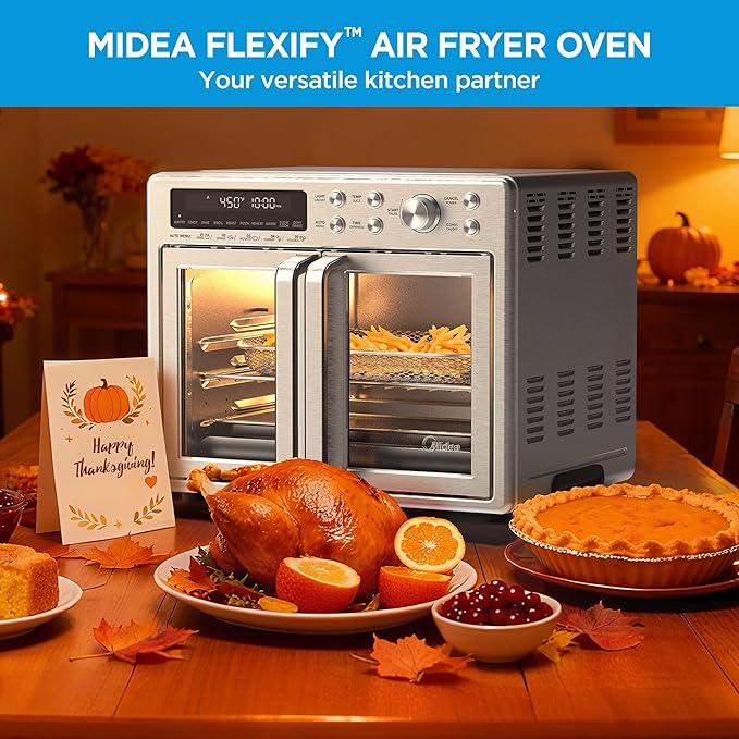 Midea Flexify French Door Toaster Oven Air Fryer Combo, 26.4 QT, Extra Large Air Fryer Countertop Oven 10-in-1 Combo, 25% Faster Cooking and 90% Less Oil, Stainless Steel
