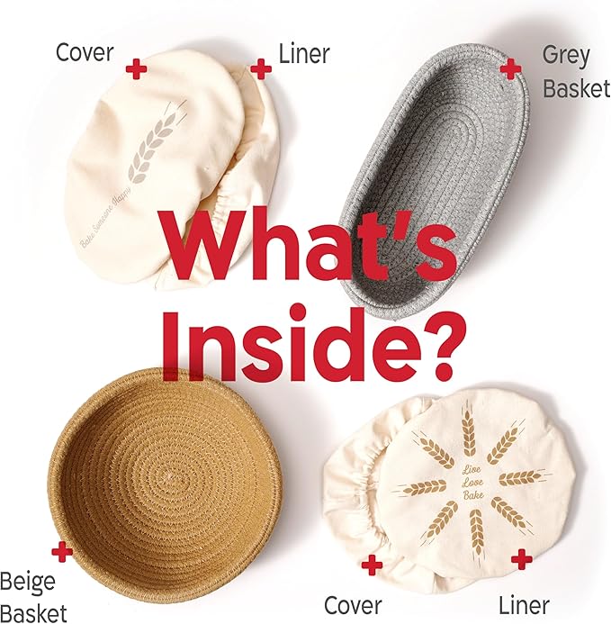 KneadAce Cotton Rope Banneton Bread Proofing Basket Set, Oval & Round Bread Baskets with Liners & Covers for Artisan Bread Baking, Sourdough Bread Baking Supplies