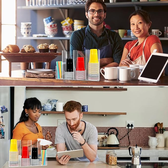 4 Compartments Acrylic Cup and Lid Holder, Clear Disposable Coffee Cup Holder Organizer,Cup Dispenser for Kitchen Bar Shop Party Supplies