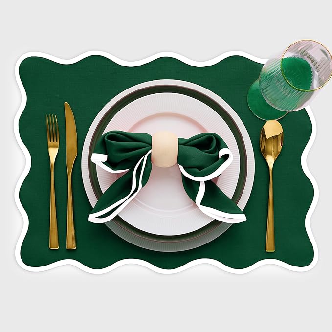 Solino Home Scallop Cloth Placemats Set of 4-100% Pure Linen White and Christmas Green Placemats 14 x 19 Inch - Giselle Scallop Edge, Handcrafted and Machine Washable