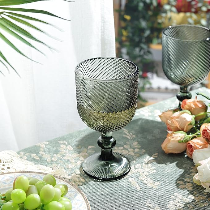Joeyan Vintage Wine Glasses,Ribbed Embossed Water Goblet Drinking Glasses,Stemmed Colored Wine Glassware for Christmas Party Wedding Table Decor,12 oz,Set of 4, Dishwasher Safe