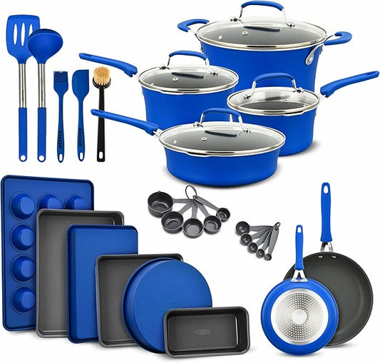 Pots and Pans Set, 23-Piece Non Stick Cookware & Bakeware Sets with Plaid Pattern, Stackable Design, Dishwasher Safe, Stain-resistant, Oven & All-Stove Safe, Tempered Glass Lid, Blue