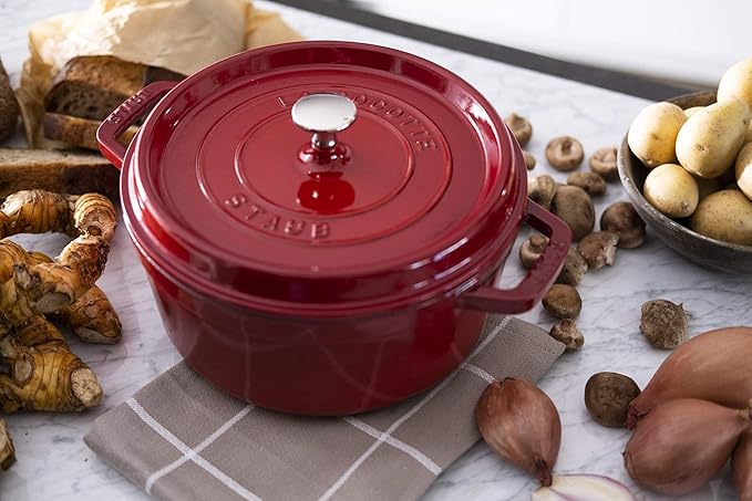 STAUB Cast Iron Dutch Oven 4-qt Round Cocotte, Made in France, Serves 3-4, Cherry
