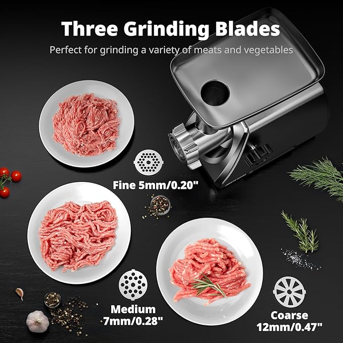 AIRMSEN Electric Meat Grinder – Heavy Duty Professional Stainless Steel Sausage Maker & Stuffer with 3 Plates, 2 Stainless Blades & Kubbe Kit – Fast, Quiet, Easy to Clean for Home Kitchen Use