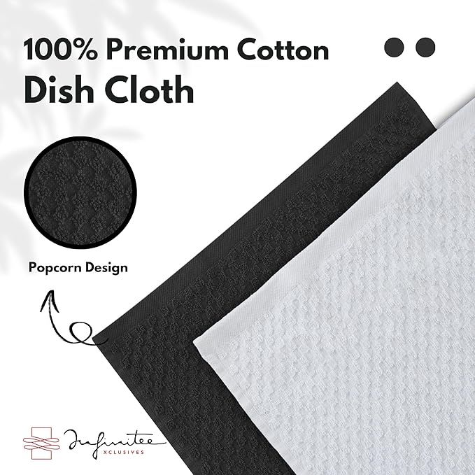 Infinitee Xclusives Premium Dish Cloth 100% Cotton 12 x 12 Inches |Pack of 4| - Ultra Soft Tea Towels - Highly Absorbent Kitchen Rags - Terry Dishcloth for Kitchen and Household Cleaning |Black|