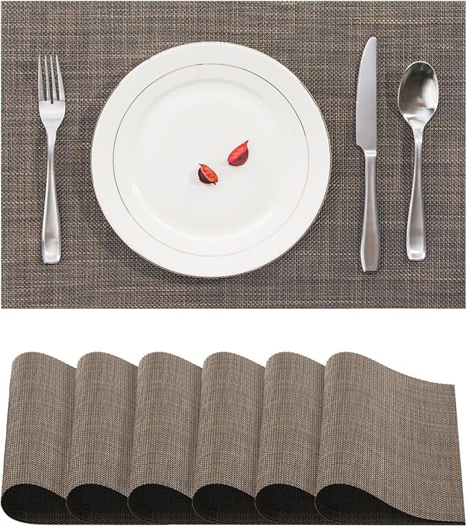 BACKTOEDEN Placemats Set of 6 Heat Resistant Washable Wipeable Placemat Woven Non-Slip Foldable Vinyl/Plastic Place Mats Indoor/Outdoor Mat Kitchen Dining Table Pad, Dark Brown