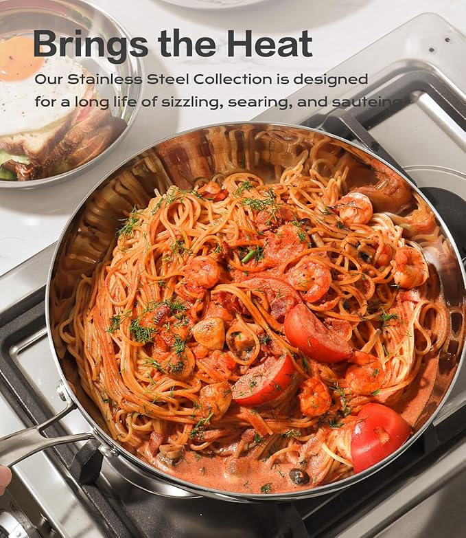 12 Inch Stainless Steel Frying Pan with Lid, 3-Ply Stainless Clad Skillets Fry Pan Fast & Even Heating, Oven Safe Up to 600℉ Dishwash Safe Compatible for All Cooktops Kitchen Cookware