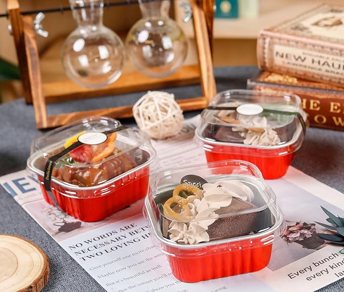 60 Pack Mini Cake Pans with Lids Mini Aluminum Pans, Disposable Loaf Pans Cupcake Liners with Lids for Pudding, Souffle, Party, Wedding(Red, 5 oz)