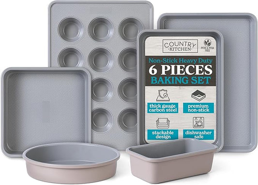 Country Kitchen Nonstick Stackable Bakeware Set - Durable, Easy Release Baking Set, Taupe, 6 Pcs