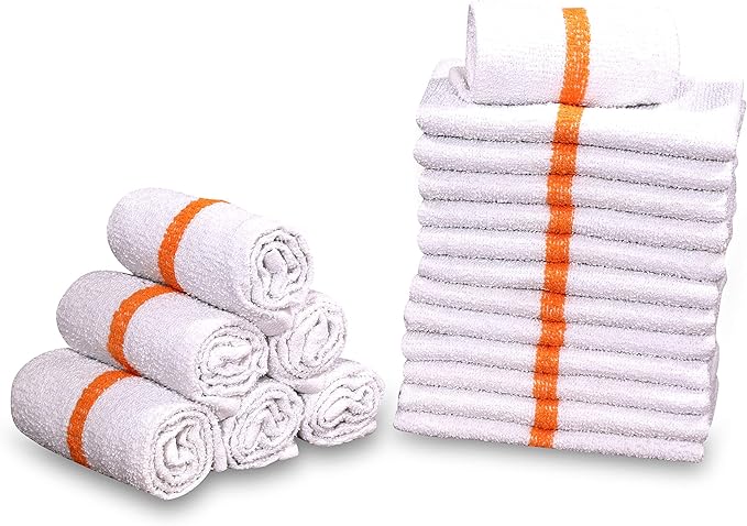 120 PC New Cotton Blend White Restaurant Bar Mops Kitchen Towels (10 Dozen ) (120, Gold Stripe), 32 Oz